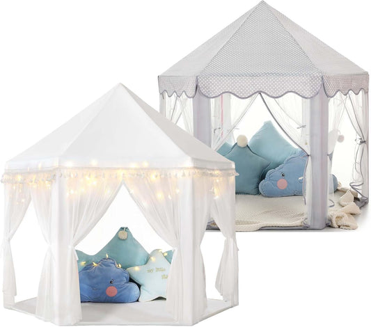 Monobeach White Princess Tent & Grey Princess Tent Girls with Star Lights