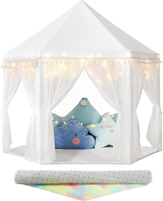 Save 19% Monobeach White Tassel Princess Tent Kids Castle Play Tent with Star Lights & Rainbow Kids Rug Toys for Children Indoor and Outdoor Games, 55" x 53"