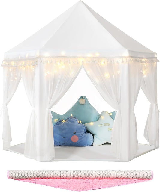 Save 16% Monobeach White Tassel Princess Tent Kids Castle Play Tent with Star Lights & Pink Kids Rug Toys for Children Indoor and Outdoor Games, 55" x 53"