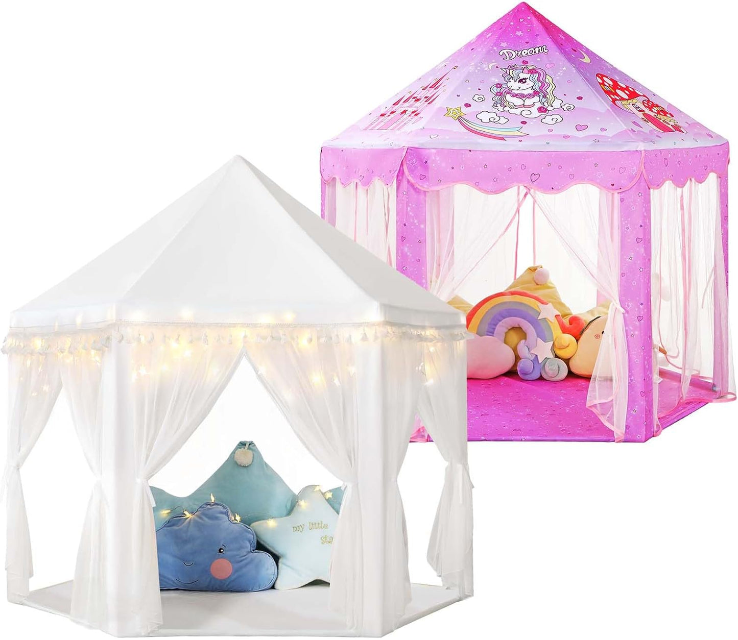 Save 25% Monobeach White Princess Tent & Unicorn Princess Tent Girls Large Playhouse Kids Castle Play Tent with Star Lights