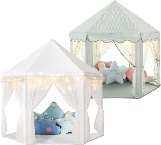 Monobeach White Princess Tent & Celadon Princess Tent with Star Lights