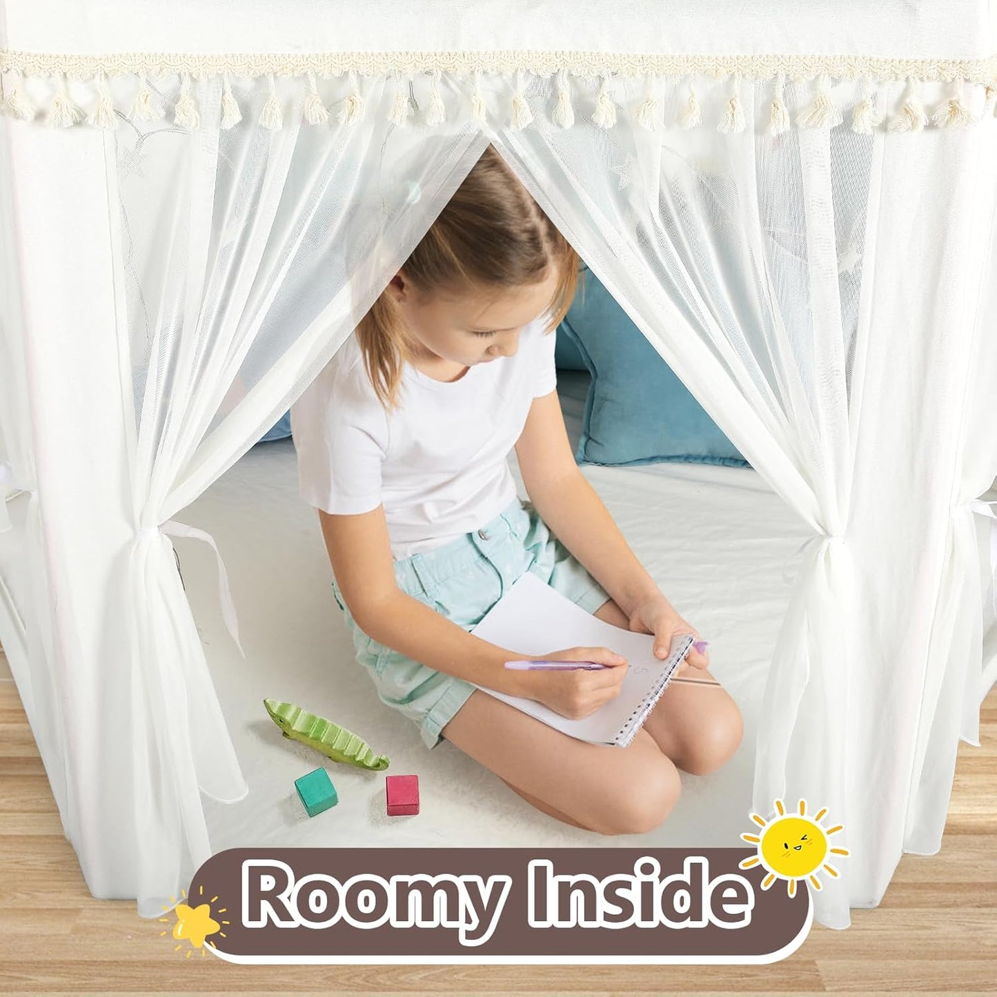 Monobeach White Princess Tent Girls Tassel Decor Large Playhouse Kids Castle Play Tent with Star Lights Toy for Children Indoor and Outdoor Games, 55'' x 53'' (White Princess Tent with Tassel)