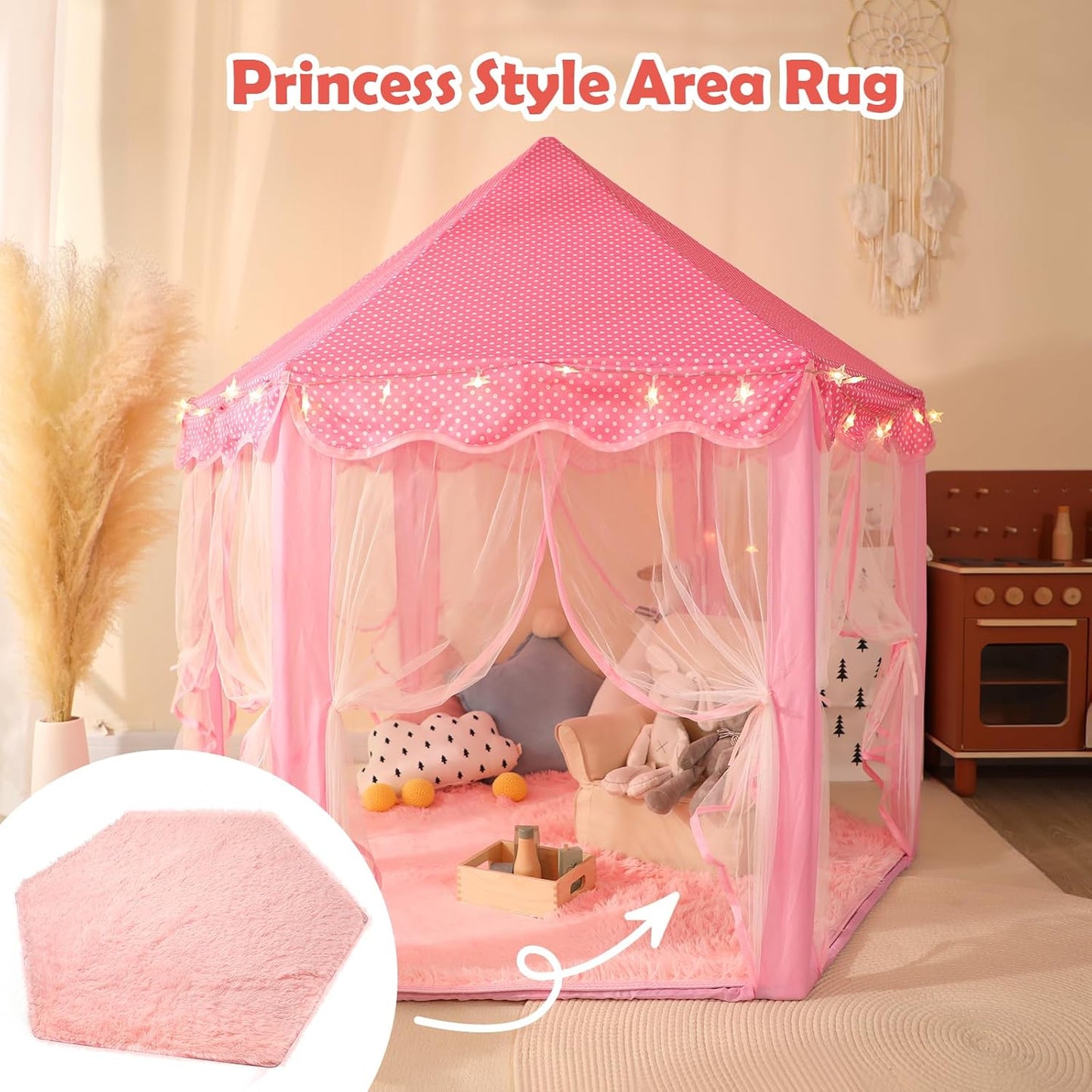 Save 17% on Monobeach Princess Tent Kids Castle Play Tent with Star Lights & Pink Kids Rug Toys for Children Indoor and Outdoor Games, 55" x 53"