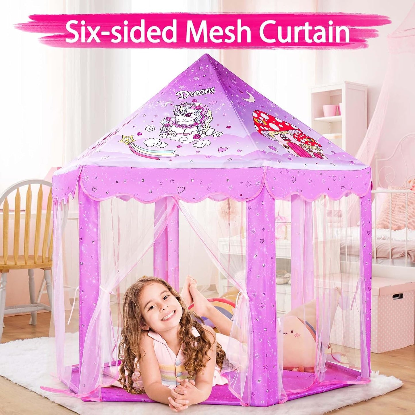 Save 25% Monobeach White Princess Tent & Unicorn Princess Tent Girls Large Playhouse Kids Castle Play Tent with Star Lights