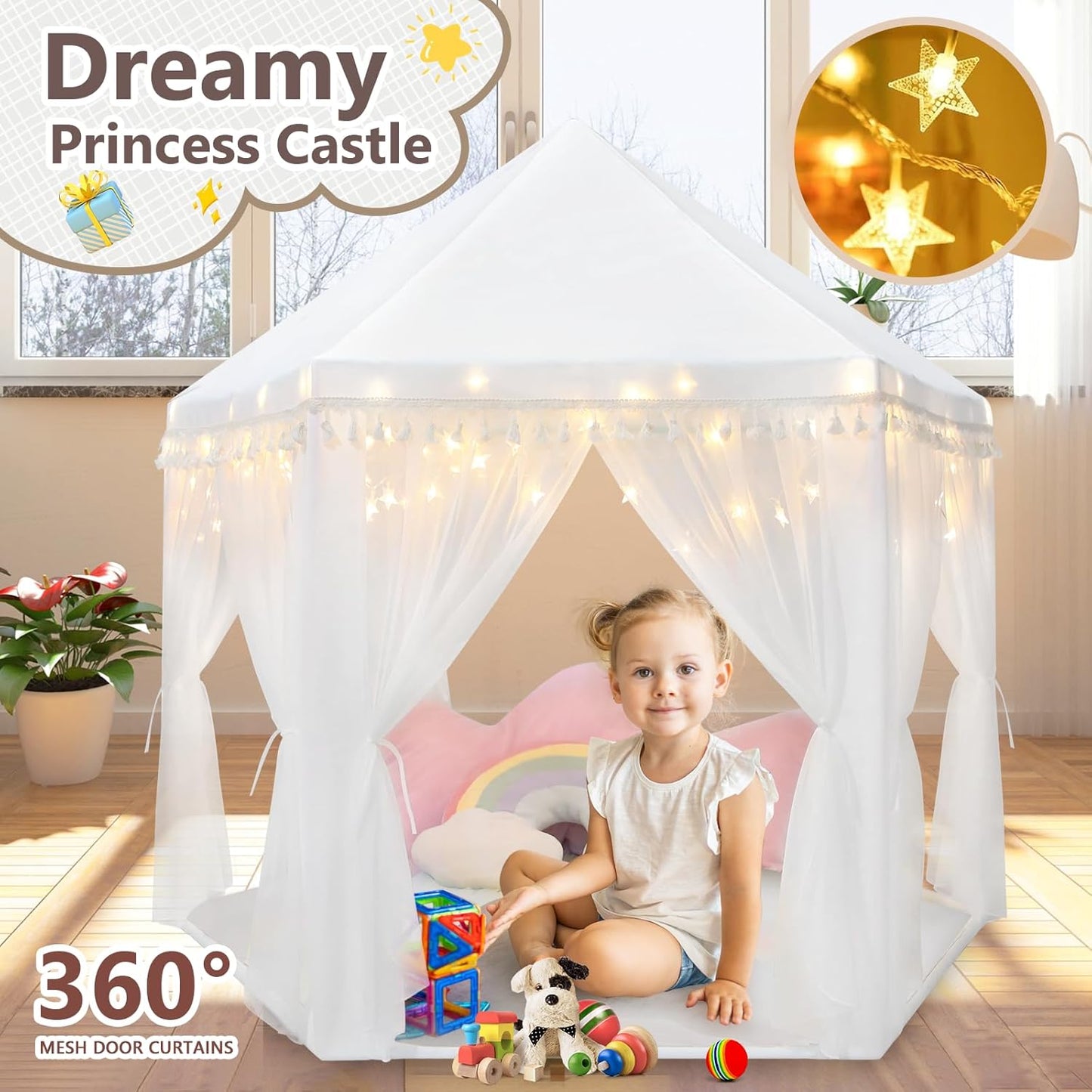 Save 24% Monobeach White Princess Tent & Blue Princess Tent Girls Large Playhouse Kids Castle Play Tent with Star Lights