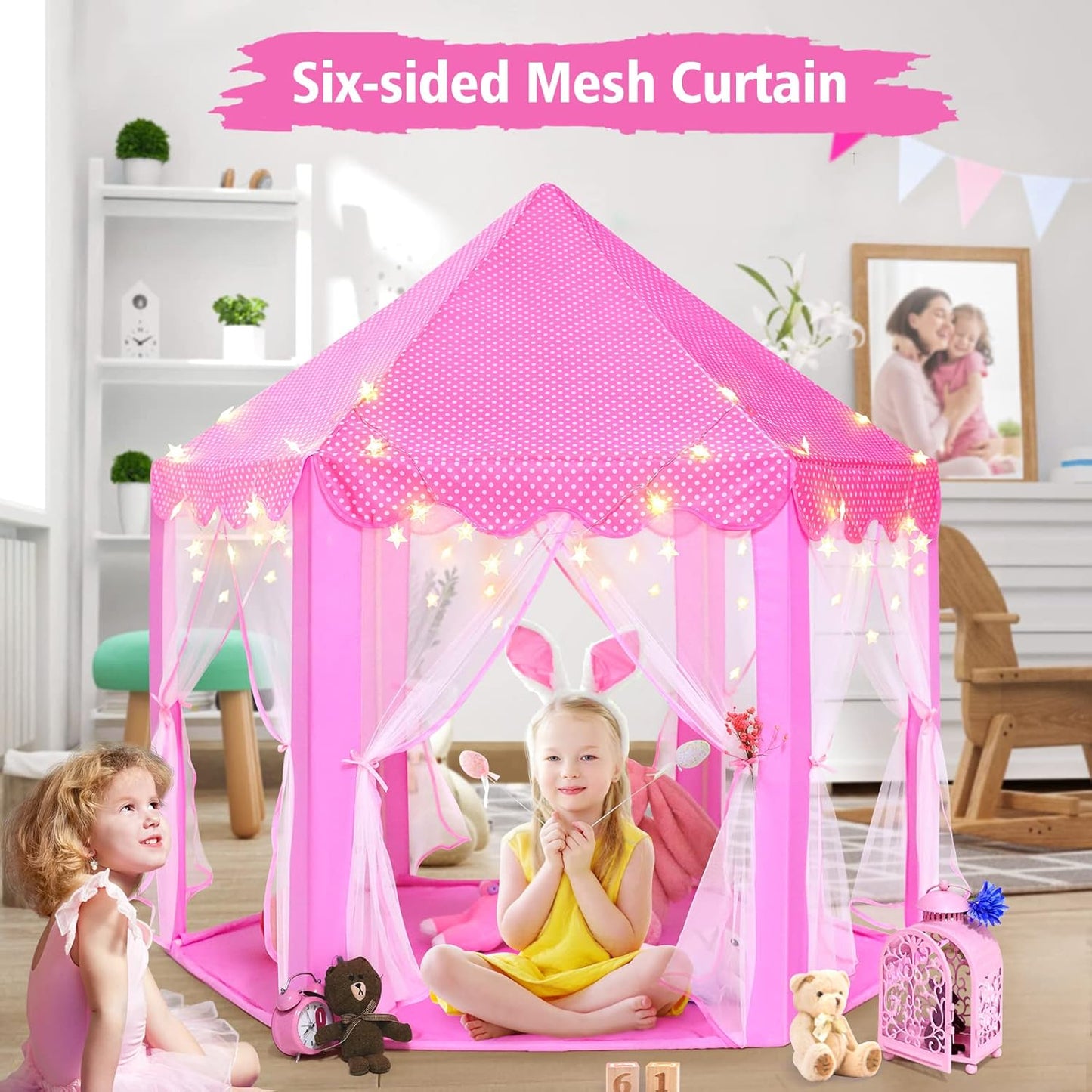 Save 17% on Monobeach Princess Tent Kids Castle Play Tent with Star Lights & Pink Kids Rug Toys for Children Indoor and Outdoor Games, 55" x 53"