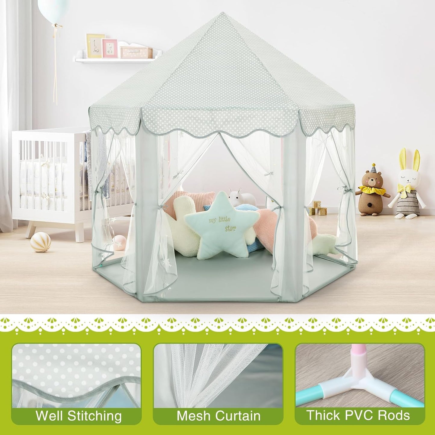 Save 31% Monobeach White Princess Tent & Celadon Princess Tent Girls Large Playhouse Kids Castle Play Tent with Star Lights