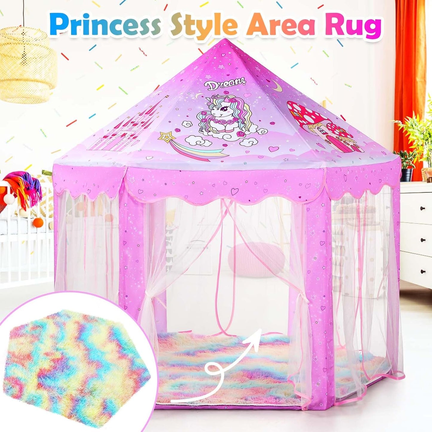 Monobeach Pink Kids Rug for Nursery Children Room Decor Ultra Soft Hexagon Carpet for Princess Tent for Girls Baby Play Mat for Floor 55”x 47” (Rainbow Hexagon, 55”x 47”)