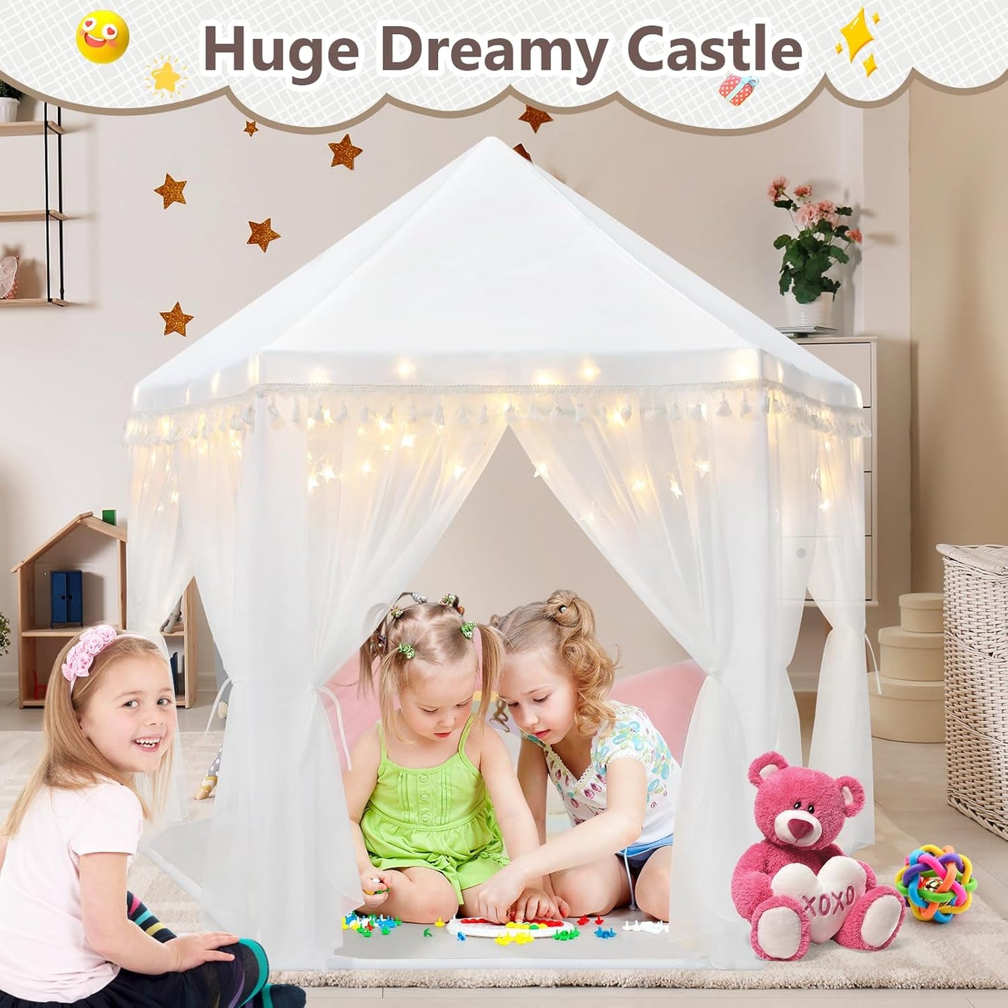 Monobeach White Princess Tent Girls Tassel Decor Large Playhouse Kids Castle Play Tent with Star Lights Toy for Children Indoor and Outdoor Games, 55'' x 53'' (White Princess Tent with Tassel)