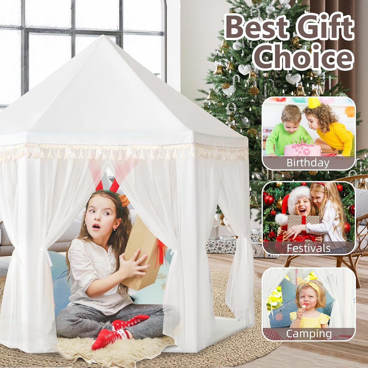 Save 24% Monobeach White Princess Tent & Blue Princess Tent Girls Large Playhouse Kids Castle Play Tent with Star Lights