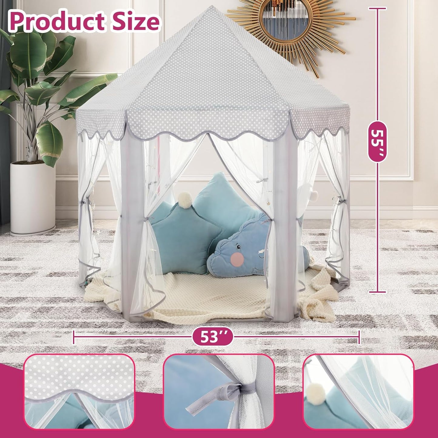Save 20% Monobeach Pink Princess Tent & Grey Princess Tent Girls Large Playhouse Kids Castle Play Tent with Star Lights