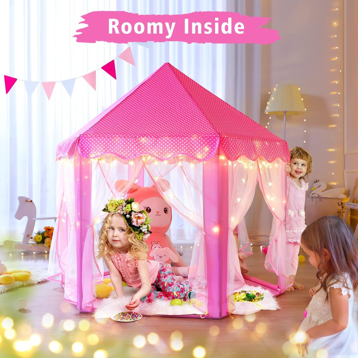 Save 18% Monobeach Pink Princess Tent & Blue Princess Tent Girls Large Playhouse Kids Castle Play Tent with Star Lights