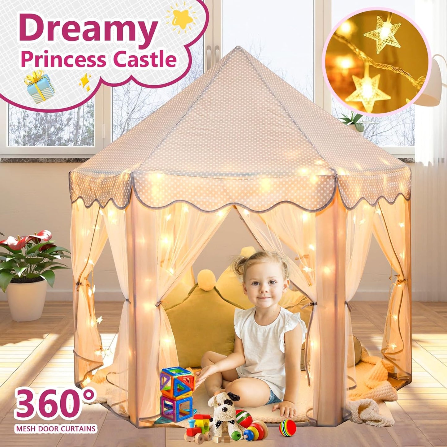 Save 20% Monobeach Pink Princess Tent & Grey Princess Tent Girls Large Playhouse Kids Castle Play Tent with Star Lights