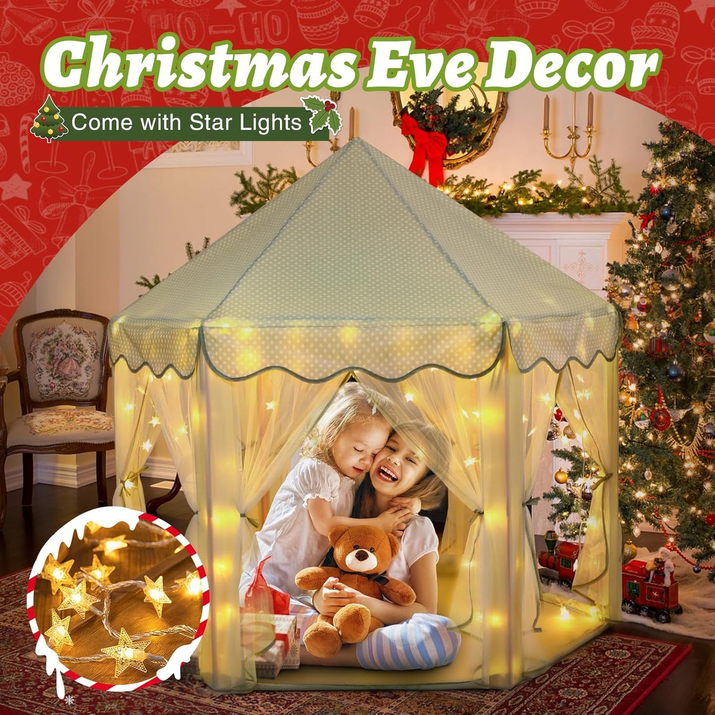 Save 31% Monobeach White Princess Tent & Celadon Princess Tent Girls Large Playhouse Kids Castle Play Tent with Star Lights