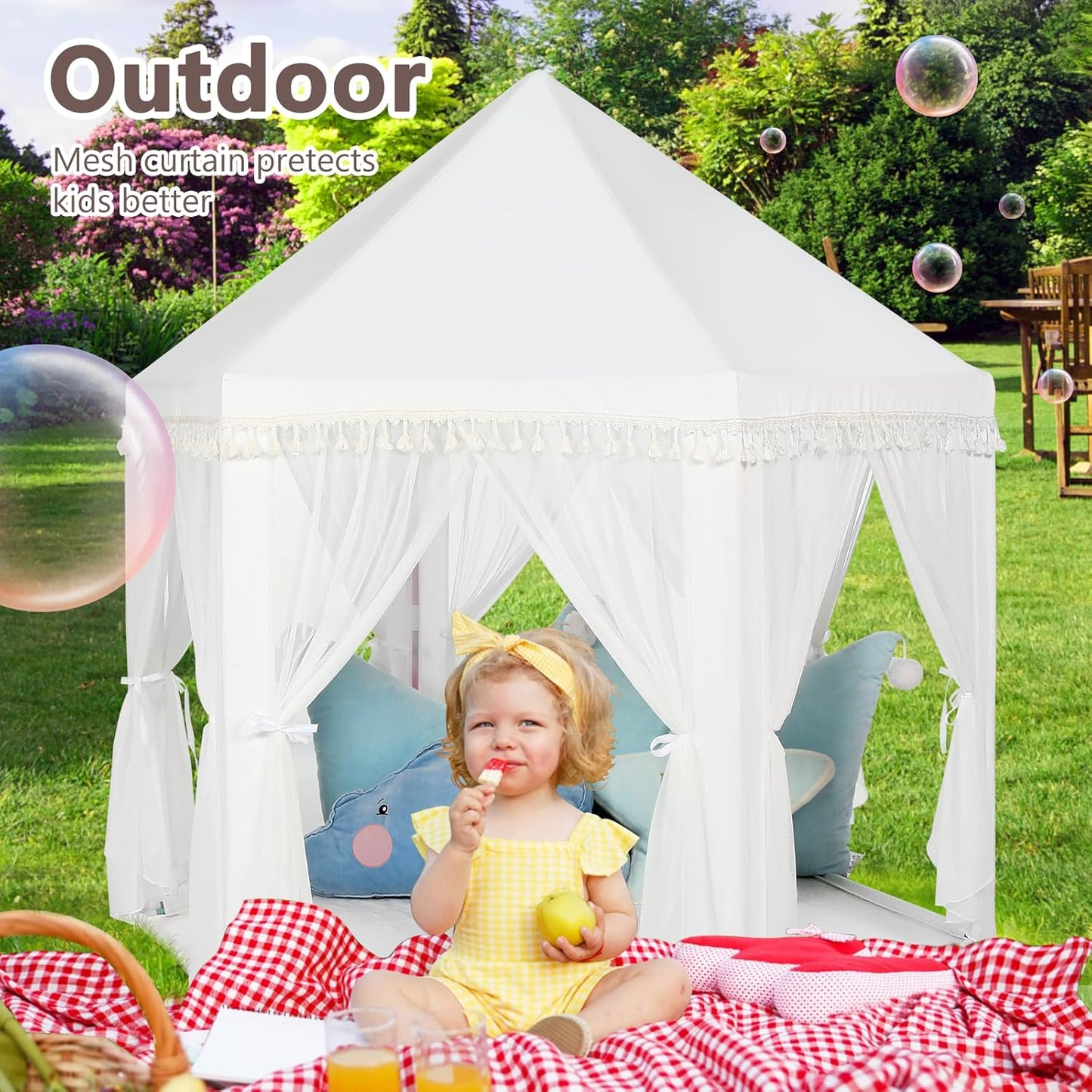 Monobeach White Princess Tent Girls Tassel Decor Large Playhouse Kids Castle Play Tent with Star Lights Toy for Children Indoor and Outdoor Games, 55'' x 53'' (White Princess Tent with Tassel)