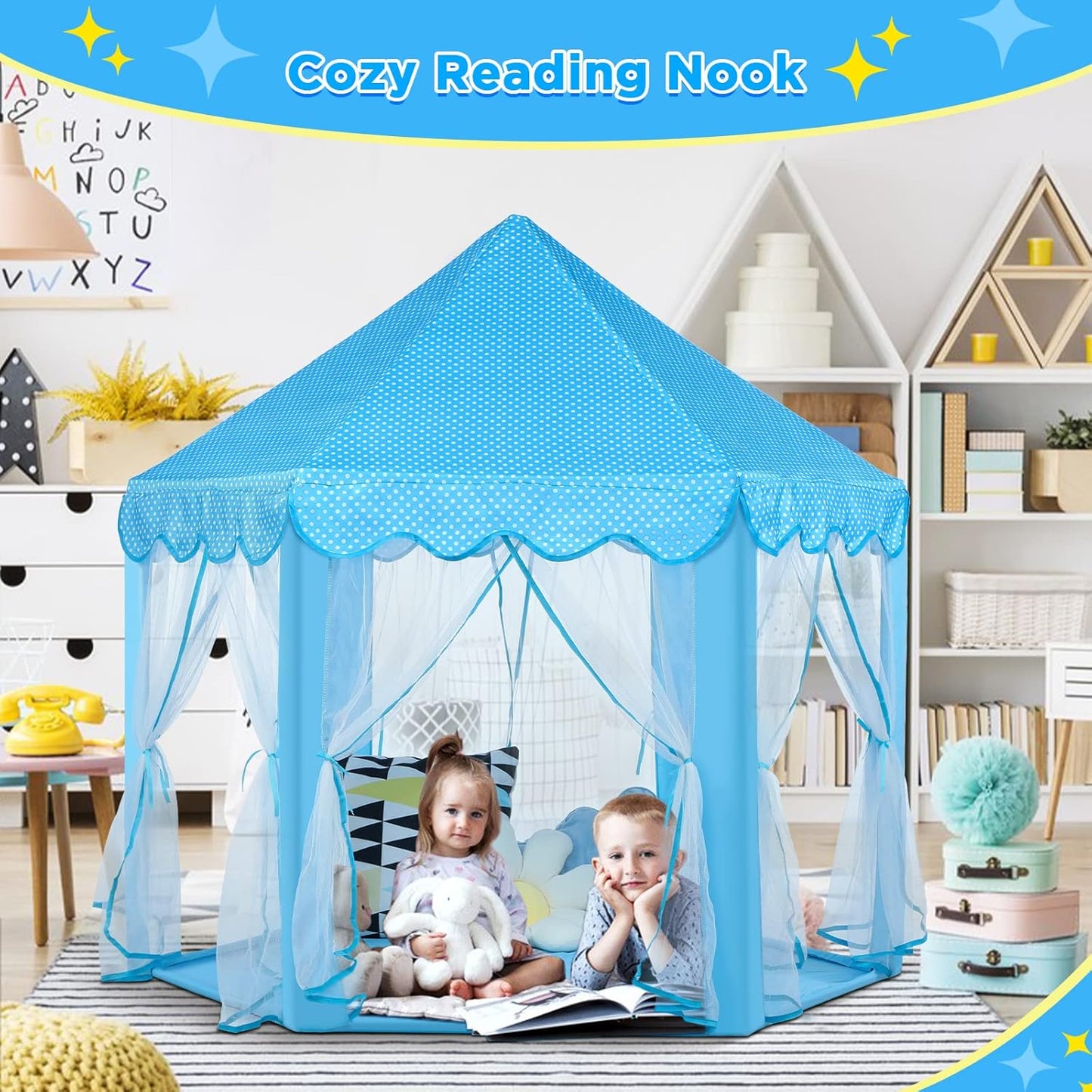 Save 18% Monobeach Pink Princess Tent & Blue Princess Tent Girls Large Playhouse Kids Castle Play Tent with Star Lights