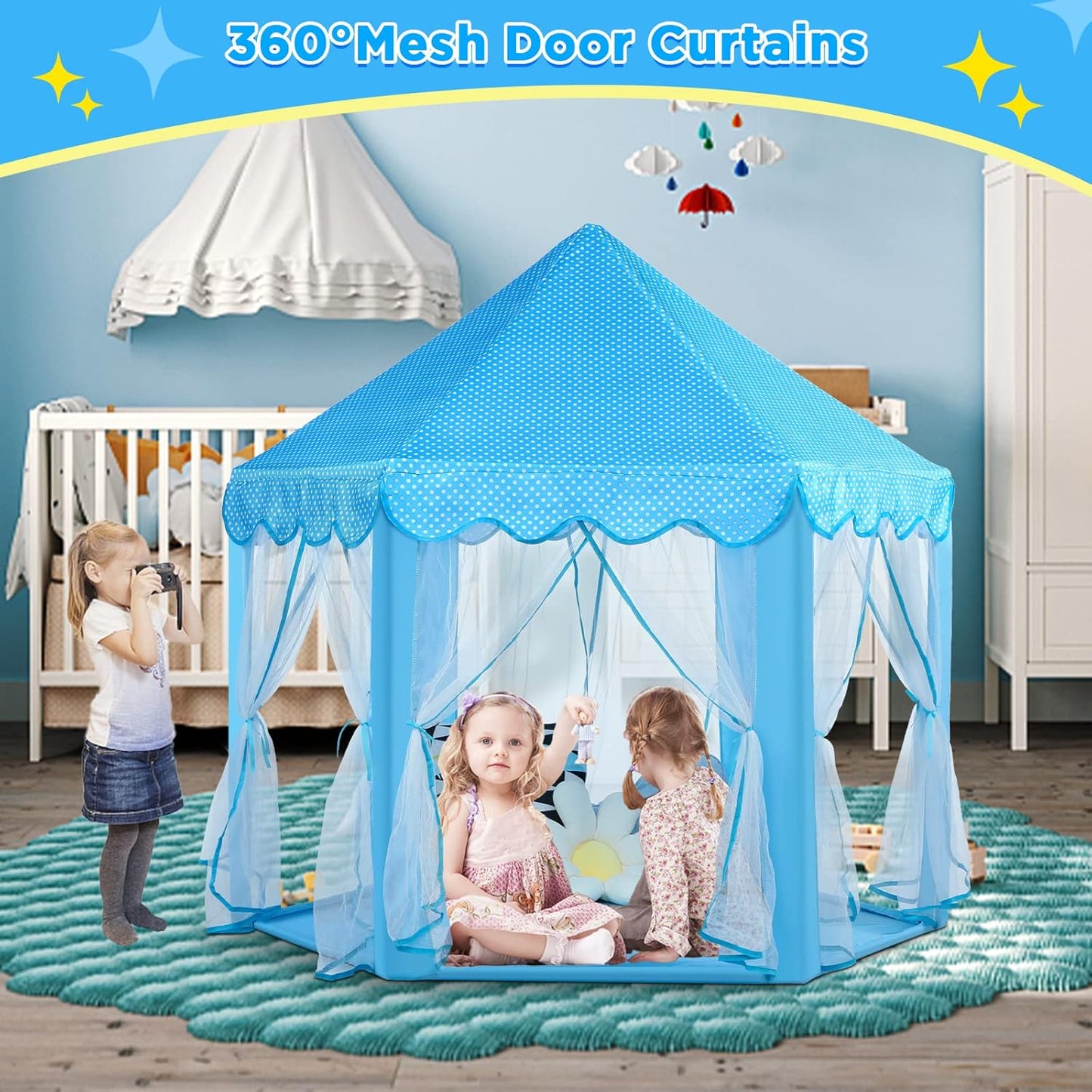 Save 24% Monobeach White Princess Tent & Blue Princess Tent Girls Large Playhouse Kids Castle Play Tent with Star Lights