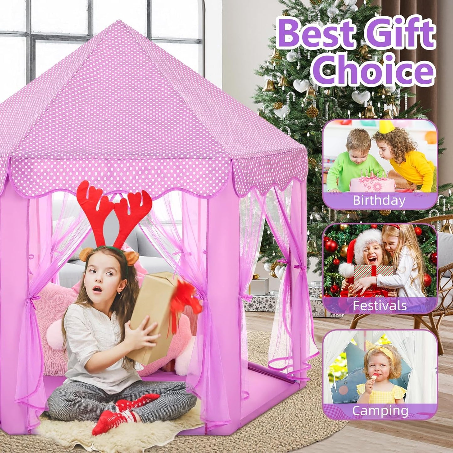 Save 23% Monobeach Pink Princess Tent & Purple Princess Tent Girls Large Playhouse Kids Castle Play Tent with Star Lights