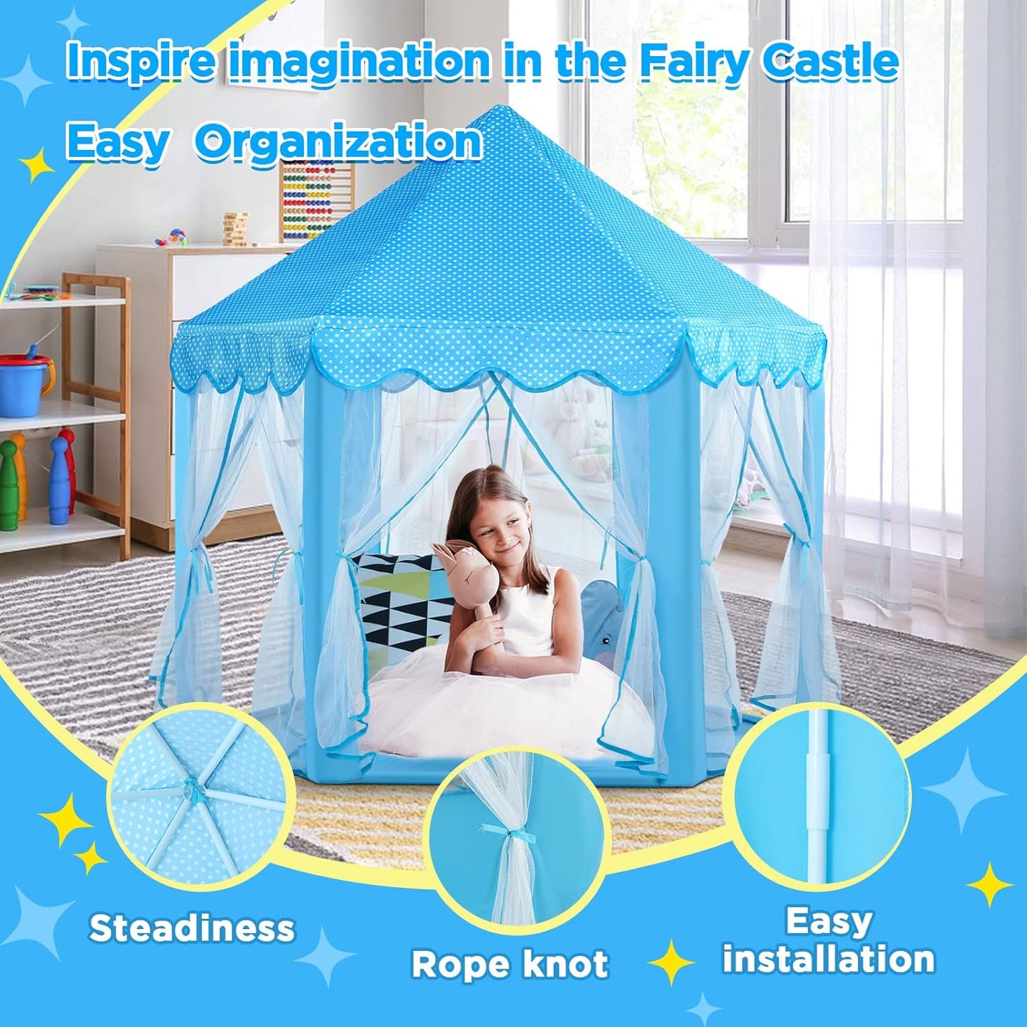 Save 18% Monobeach Pink Princess Tent & Blue Princess Tent Girls Large Playhouse Kids Castle Play Tent with Star Lights