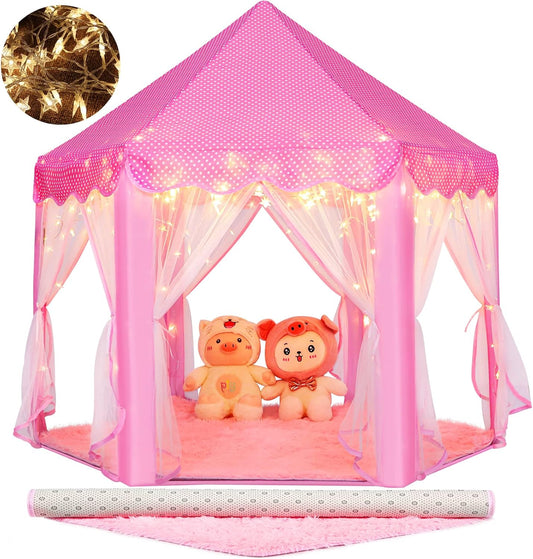 Monobeach Princess Tent Girls with Star Lights Toy for Children Indoor and Outdoor Games (with Play Mat)