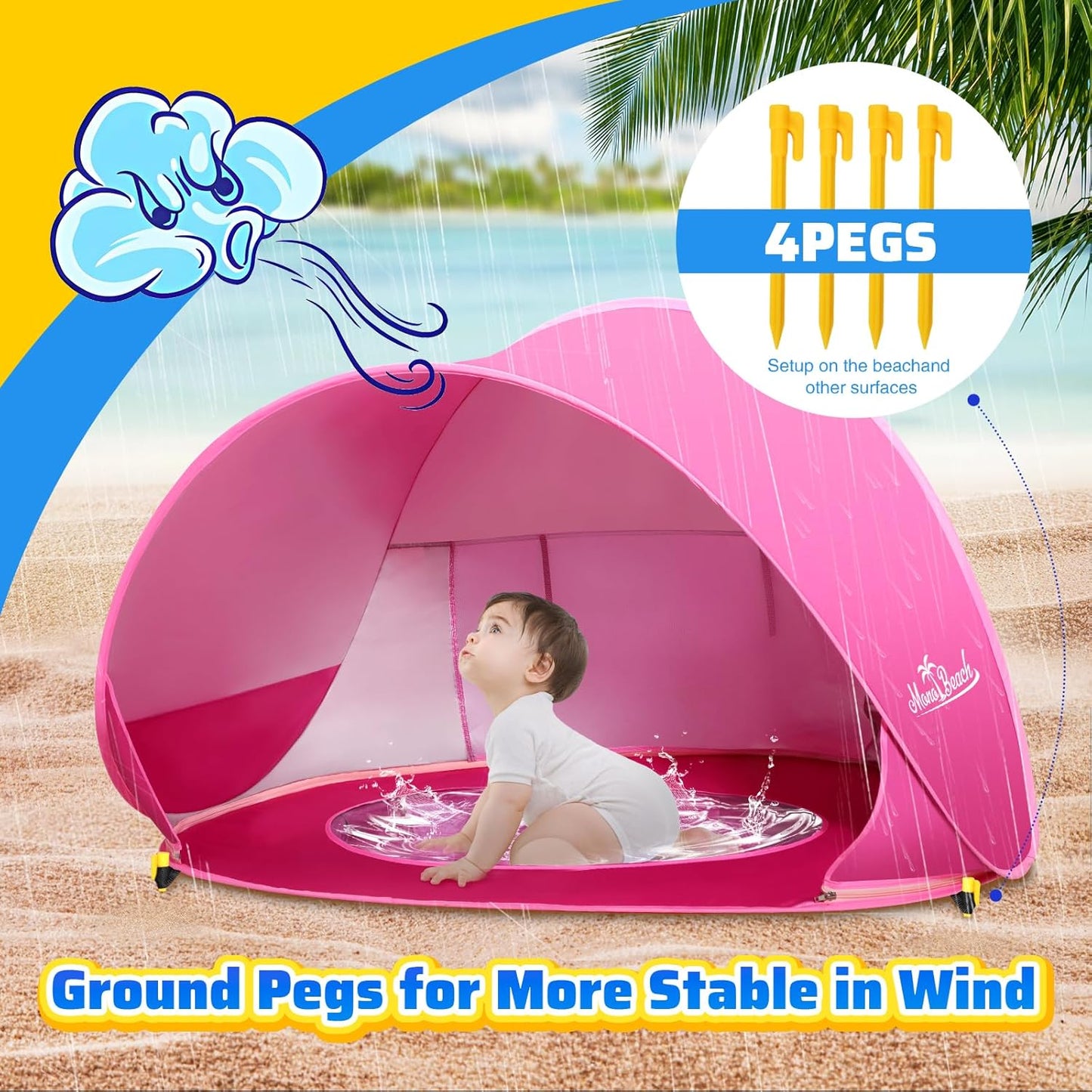 Monobeach Baby Beach Tent Pop Up Portable Shade Pool UPF50+ UV Protection Sun Shelter for Infant with Easy Set Up Canopy (Pink Beach Tent)
