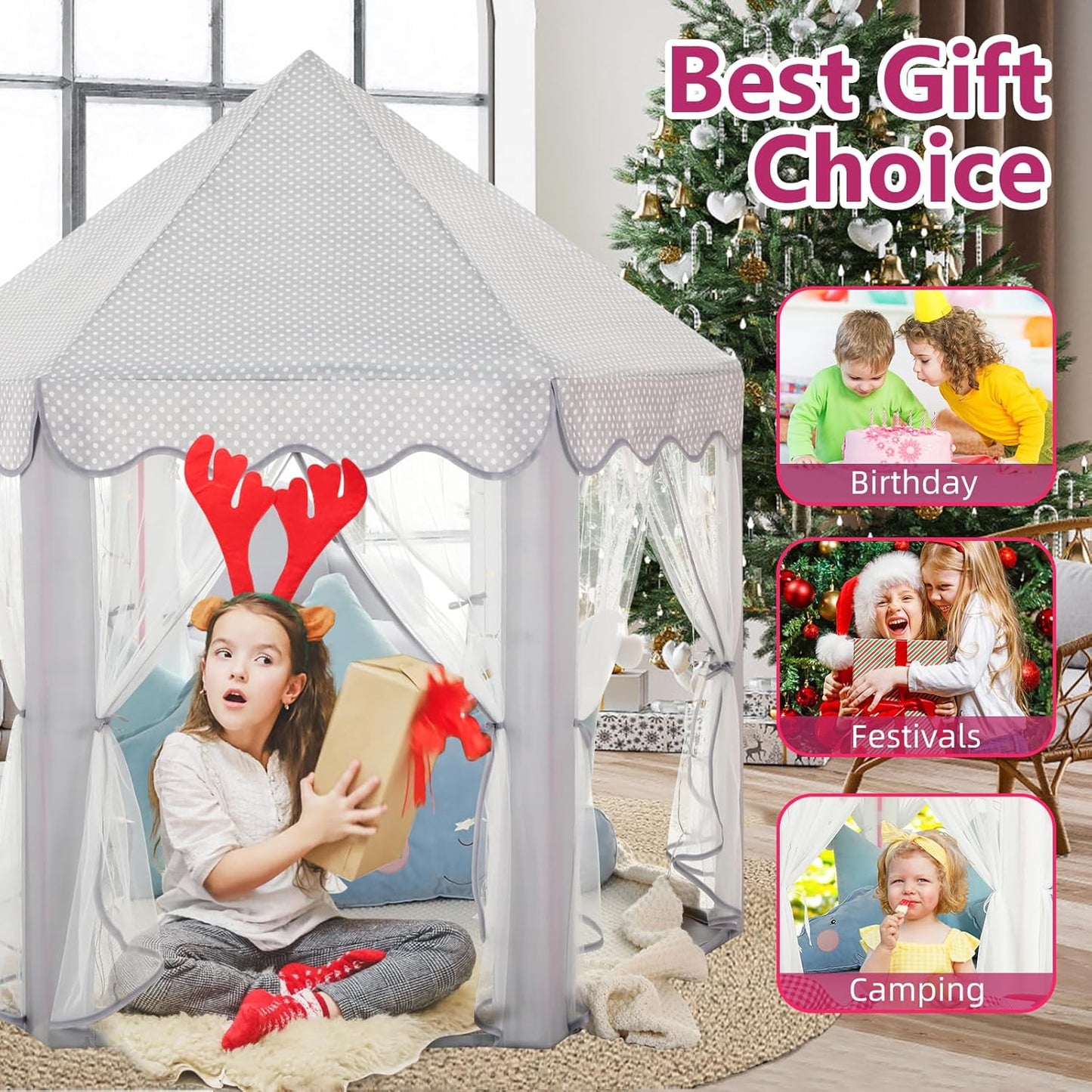 Save 20% Monobeach Pink Princess Tent & Grey Princess Tent Girls Large Playhouse Kids Castle Play Tent with Star Lights