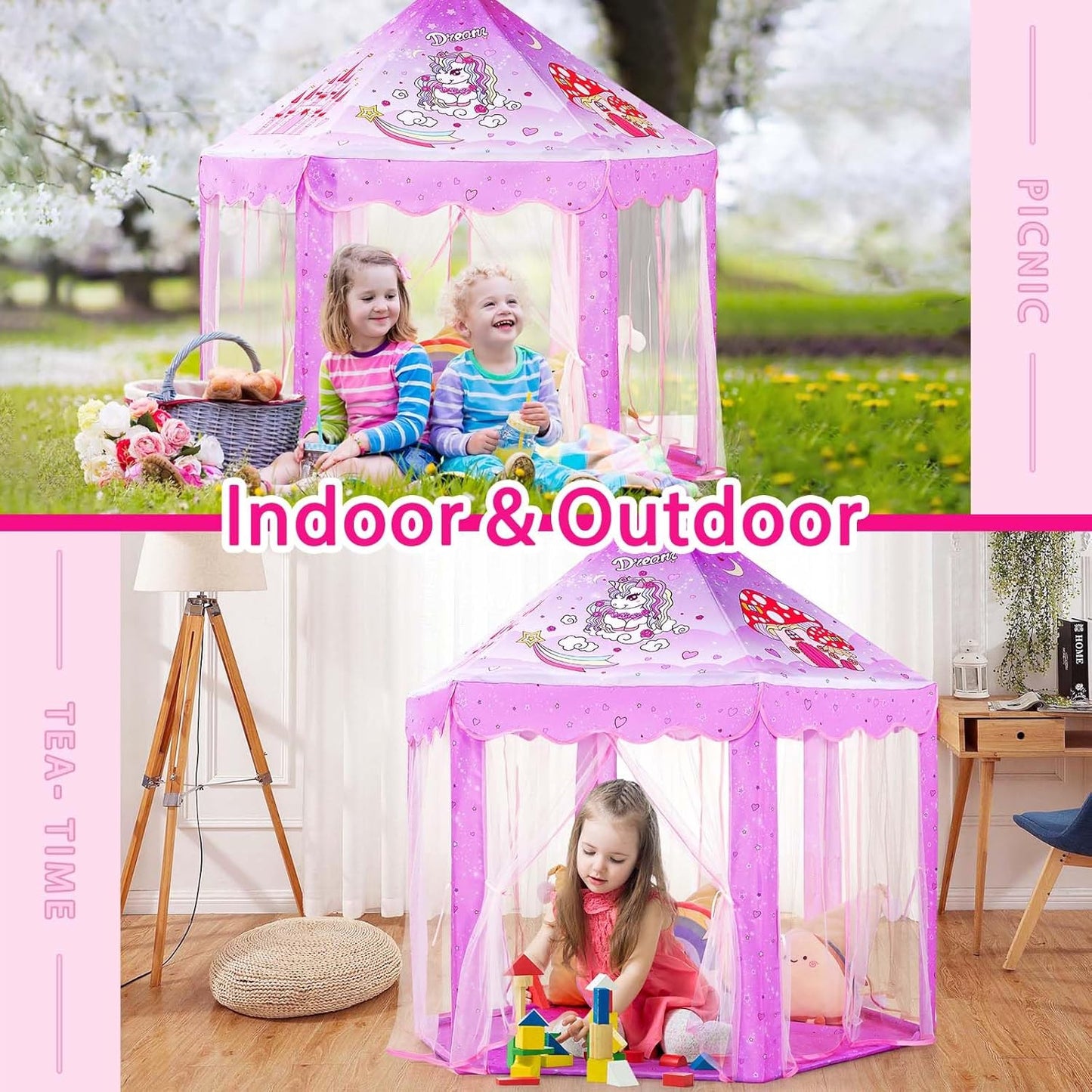 Save 25% Monobeach White Princess Tent & Unicorn Princess Tent Girls Large Playhouse Kids Castle Play Tent with Star Lights