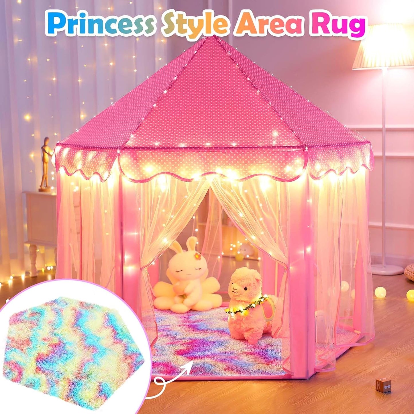 Save 18% Monobeach Princess Tent Kids Castle Play Tent with Star Lights & Rainbow Kids Rug Toys for Children Indoor and Outdoor Games, 55" x 53"