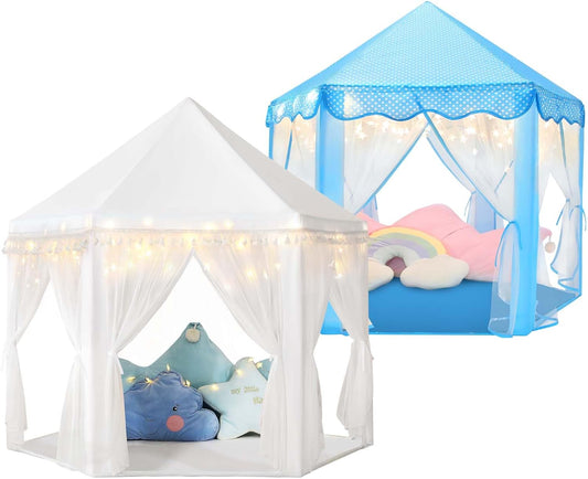 Save 24% Monobeach White Princess Tent & Blue Princess Tent Girls Large Playhouse Kids Castle Play Tent with Star Lights