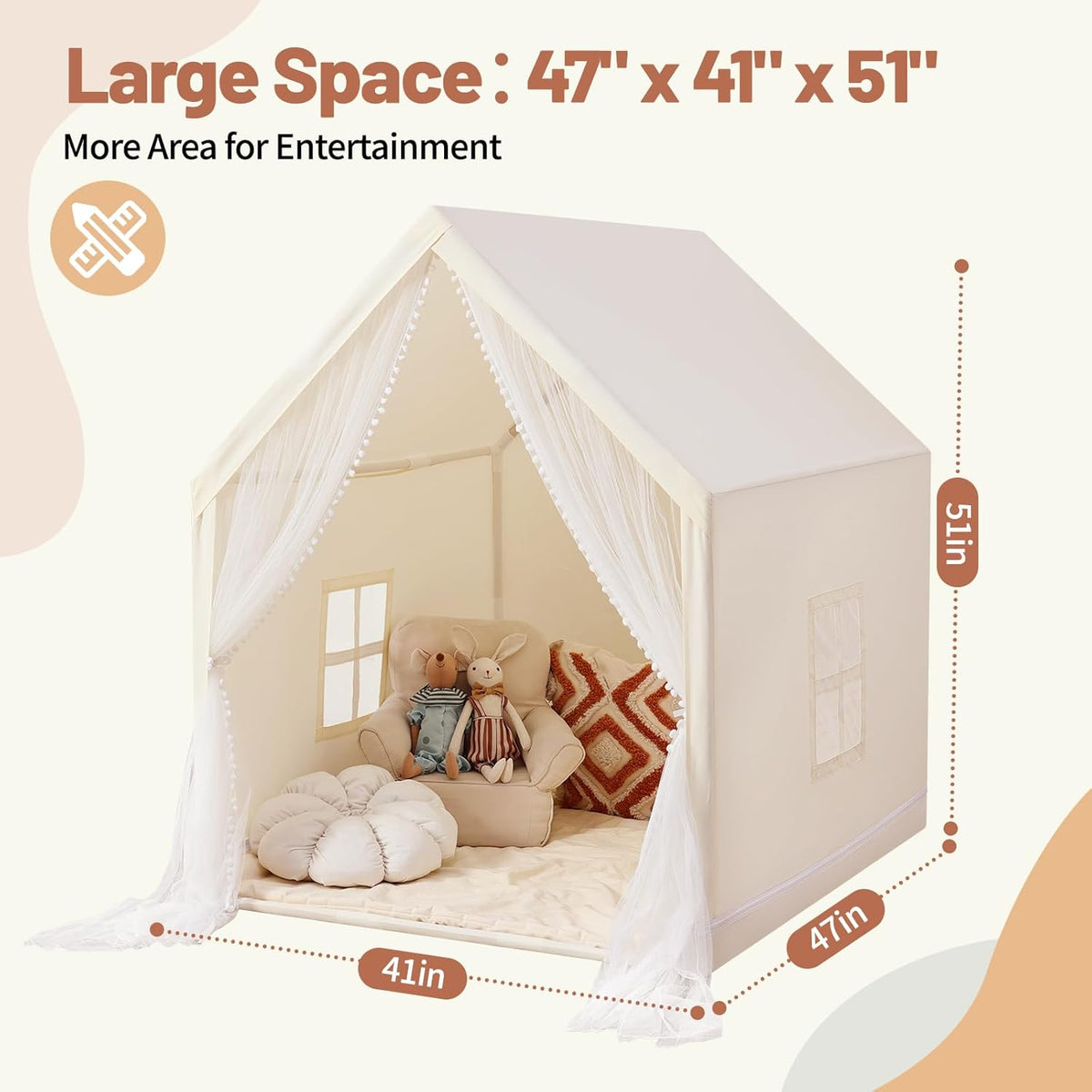 Monobeach Play Tent with Long Mesh Curtain Large Playhouse (Beige Kids Tent with Mat)
