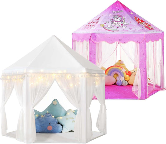 Save 25% Monobeach White Princess Tent & Unicorn Princess Tent Girls Large Playhouse Kids Castle Play Tent with Star Lights