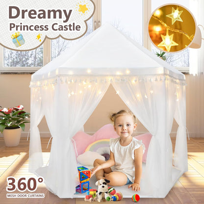 Save 19% Monobeach White Tassel Princess Tent Kids Castle Play Tent with Star Lights & Rainbow Kids Rug Toys for Children Indoor and Outdoor Games, 55" x 53"