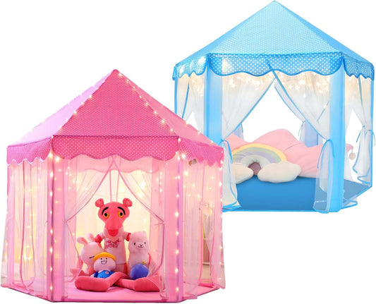Save 18% Monobeach Pink Princess Tent & Blue Princess Tent Girls Large Playhouse Kids Castle Play Tent with Star Lights