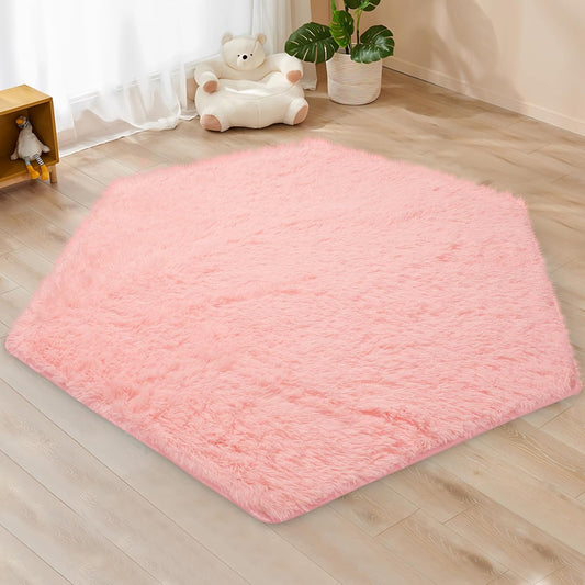 Monobeach Pink Kids Rug for Nursery Children Room Decor Ultra Soft Hexagon Carpet for Princess Tent for Girls Baby Play Mat for Floor 55”x 47” (55”x 47”, Pink Hexagon)