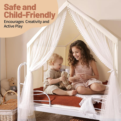 Monobeach Play Tent with Long Mesh Curtain Large Playhouse (Beige Kids Tent with Mat)