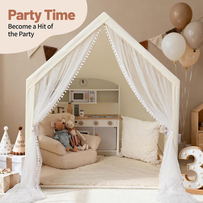 Monobeach Play Tent with Long Mesh Curtain Large Playhouse (Beige Kids Tent with Mat)