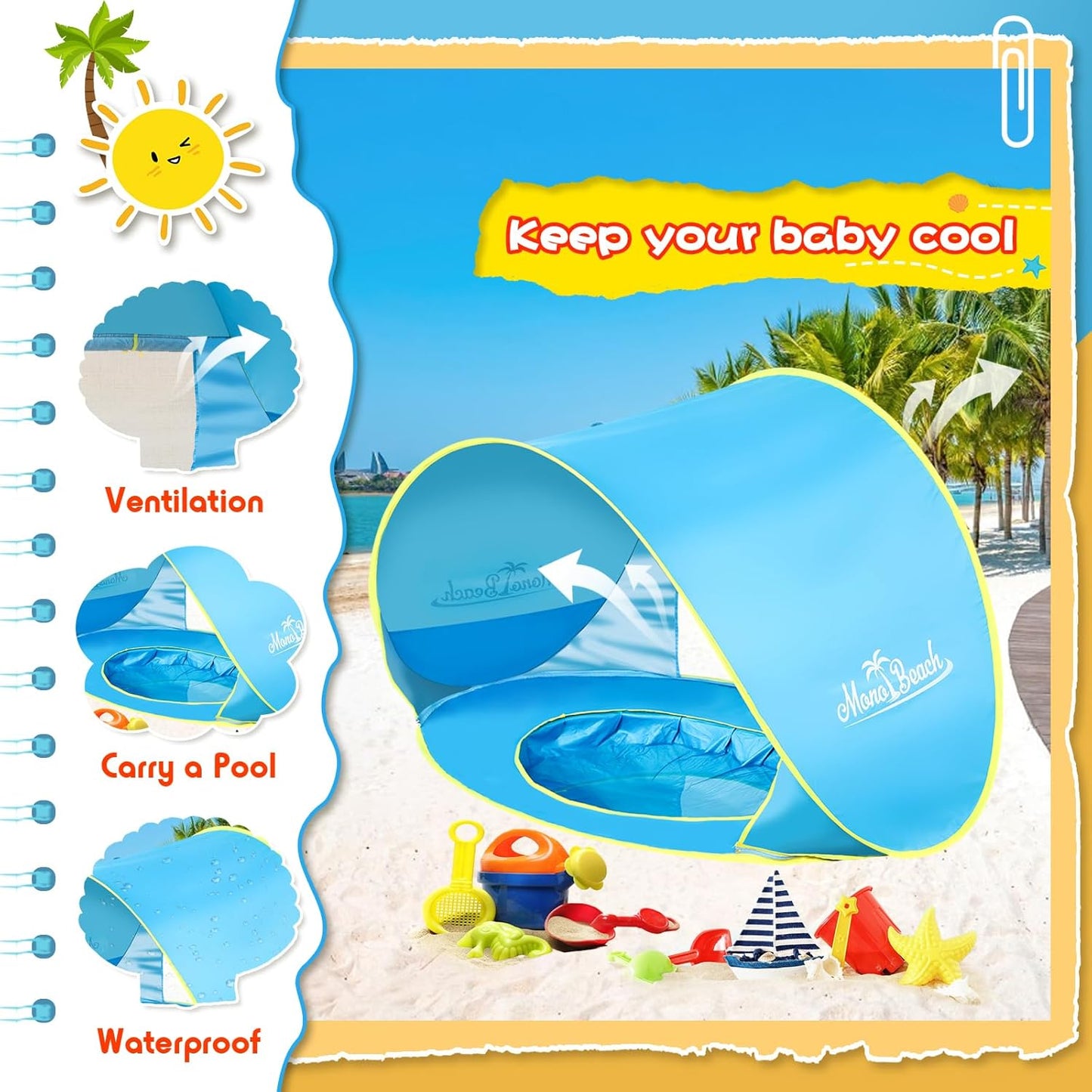 Monobeach Baby Beach Tent Pop Up Portable Shade Pool UV Protection Sun Shelter for Infant