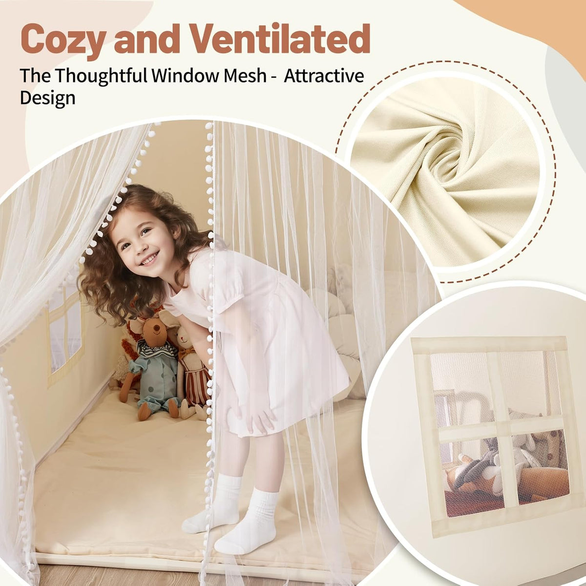 Monobeach Play Tent with Long Mesh Curtain Large Playhouse (Beige Kids Tent with Mat)