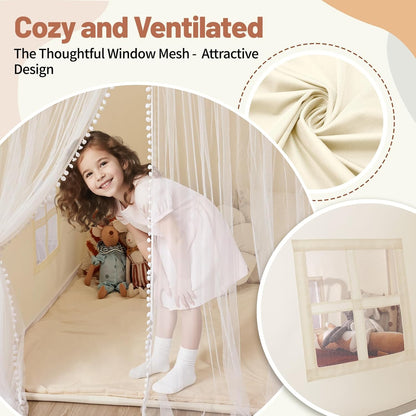 Monobeach Play Tent with Long Mesh Curtain Large Playhouse (Beige Kids Tent with Mat)