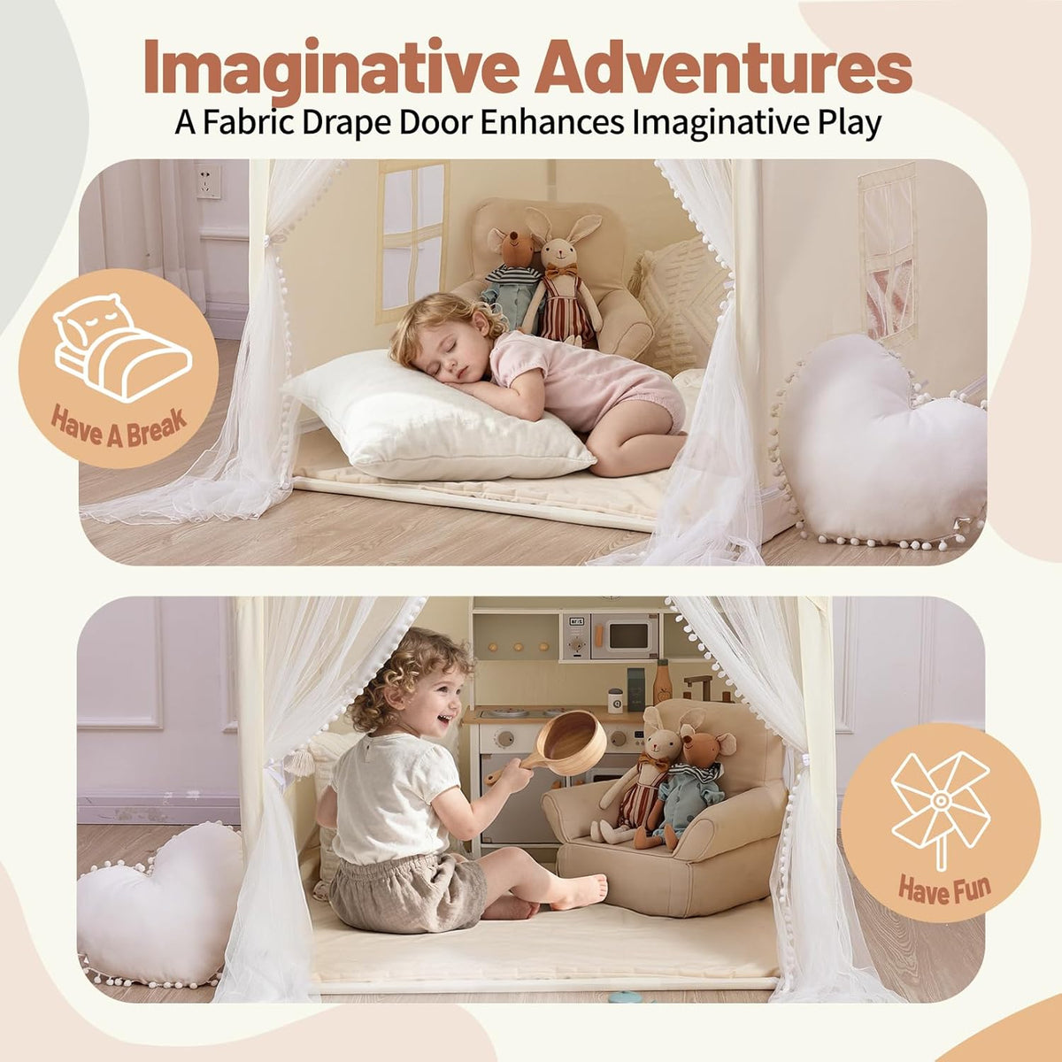 Monobeach Play Tent with Long Mesh Curtain Large Playhouse (Beige Kids Tent with Mat)