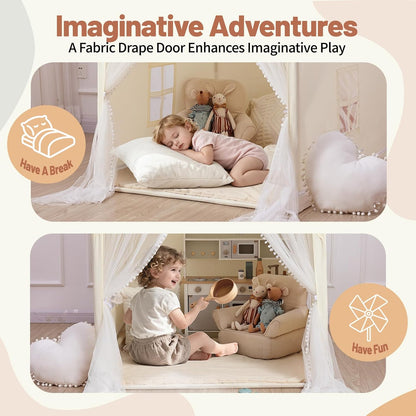 Monobeach Play Tent with Long Mesh Curtain Large Playhouse (Beige Kids Tent with Mat)