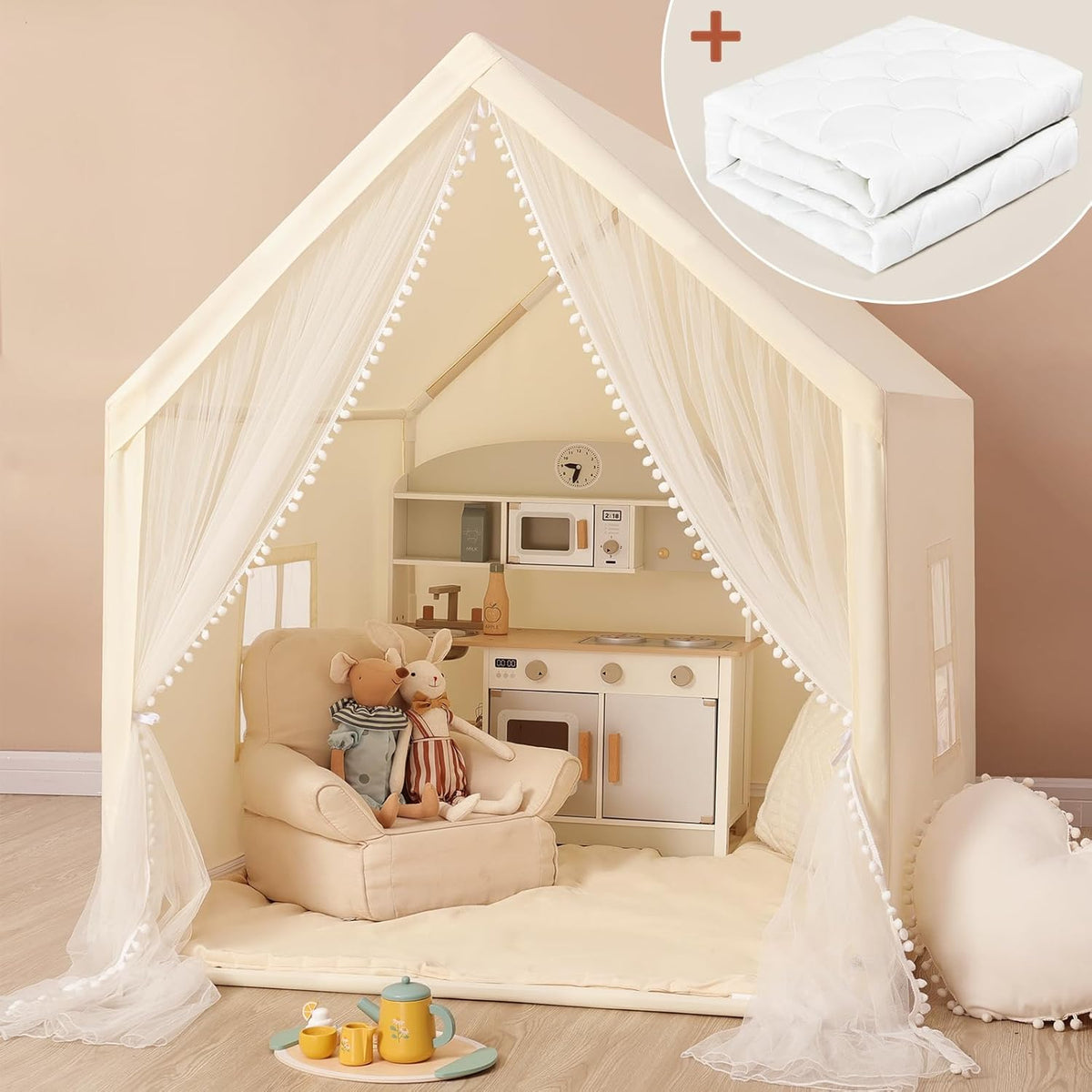 Monobeach Play Tent with Long Mesh Curtain Large Playhouse (Beige Kids Tent with Mat)