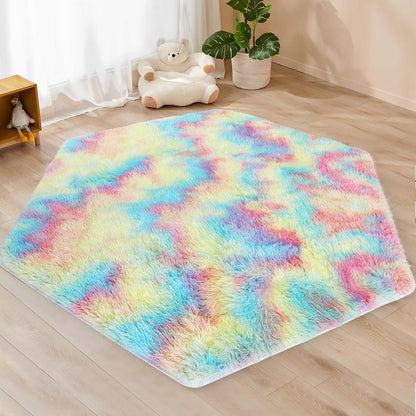 Monobeach Pink Kids Rug for Nursery Children Room Decor Ultra Soft Hexagon Carpet for Princess Tent for Girls Baby Play Mat for Floor 55”x 47” (Rainbow Hexagon, 55”x 47”)