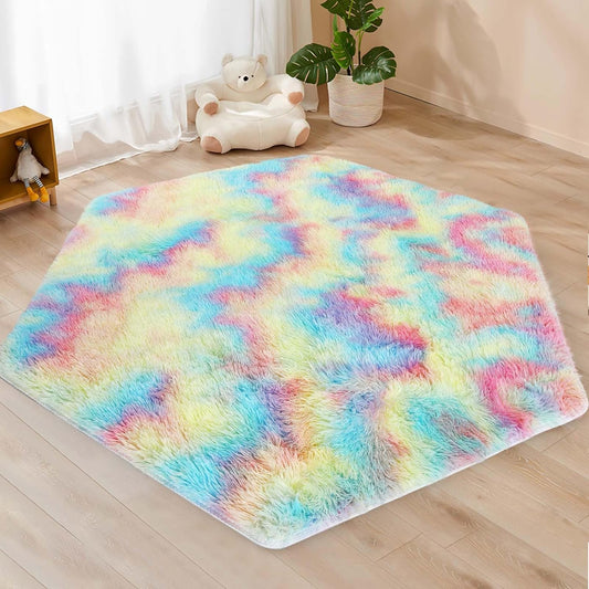 Monobeach Pink Kids Rug for Nursery Children Room Decor Ultra Soft Hexagon Carpet for Princess Tent for Girls Baby Play Mat for Floor 55”x 47” (Rainbow Hexagon, 55”x 47”)