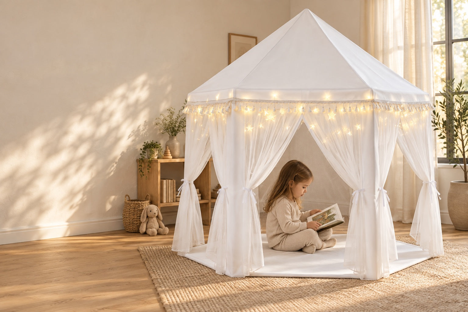 White Monobeach tassel princess tent in a sunlit room with a child reading