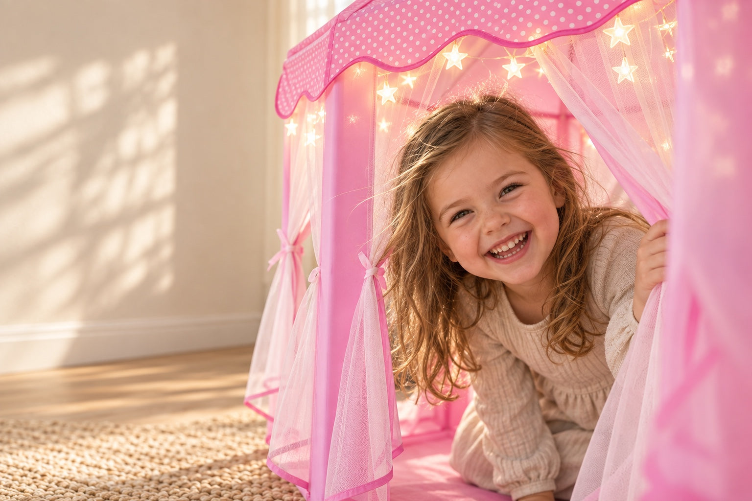 A laughing child peeking through the mesh curtains of the pink MonoBeach princess tent