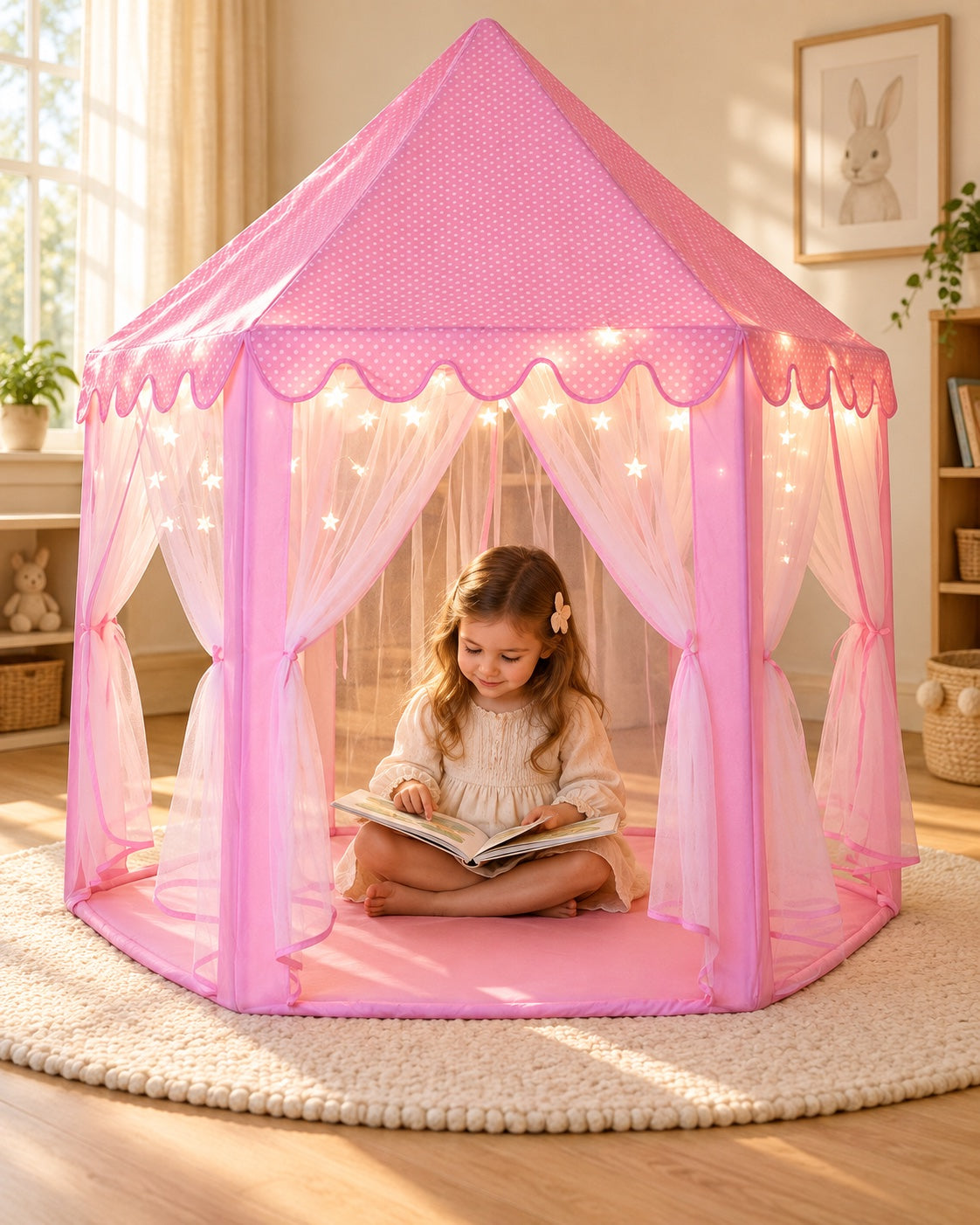 A quiet reading moment inside the pink Monobeach princess tent